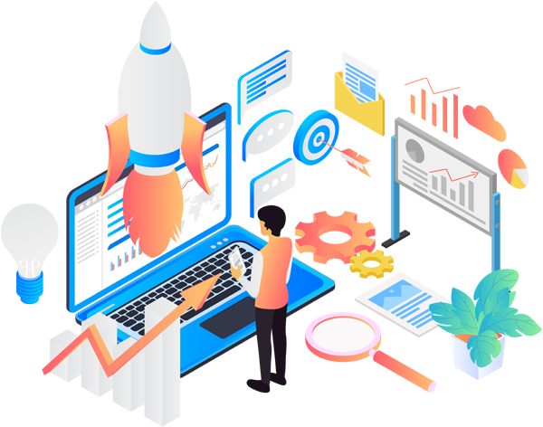 Vetor de um homem em frente ao notebook, desenvolvendo um site e em volta dele desenhos e gráficos estatísticos de marketing.