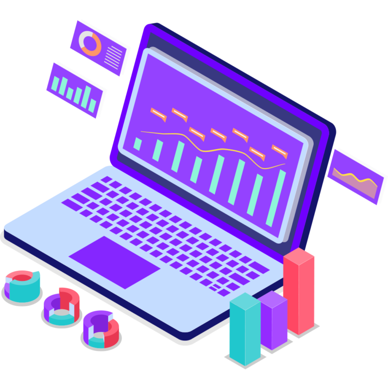 Vetor ilustrando um notebook com dados crescente e em volta mais ilustrações de dados em gráficos de uma Landing Page.