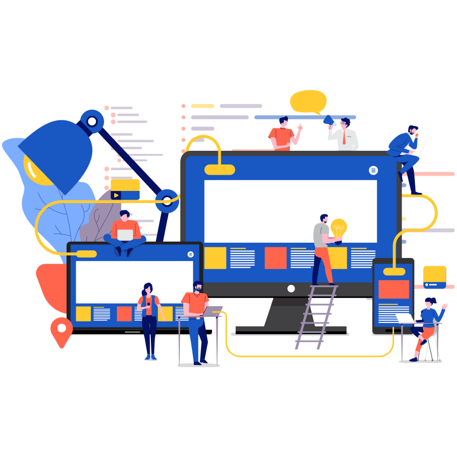 Imagem em vetor de telas de computador, tablet e smartphone com mini pessoas construindo um site.