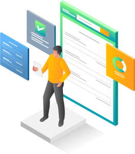 Um homem segurando tablet ao fundo ilustrações de contrato com acordo fechado.