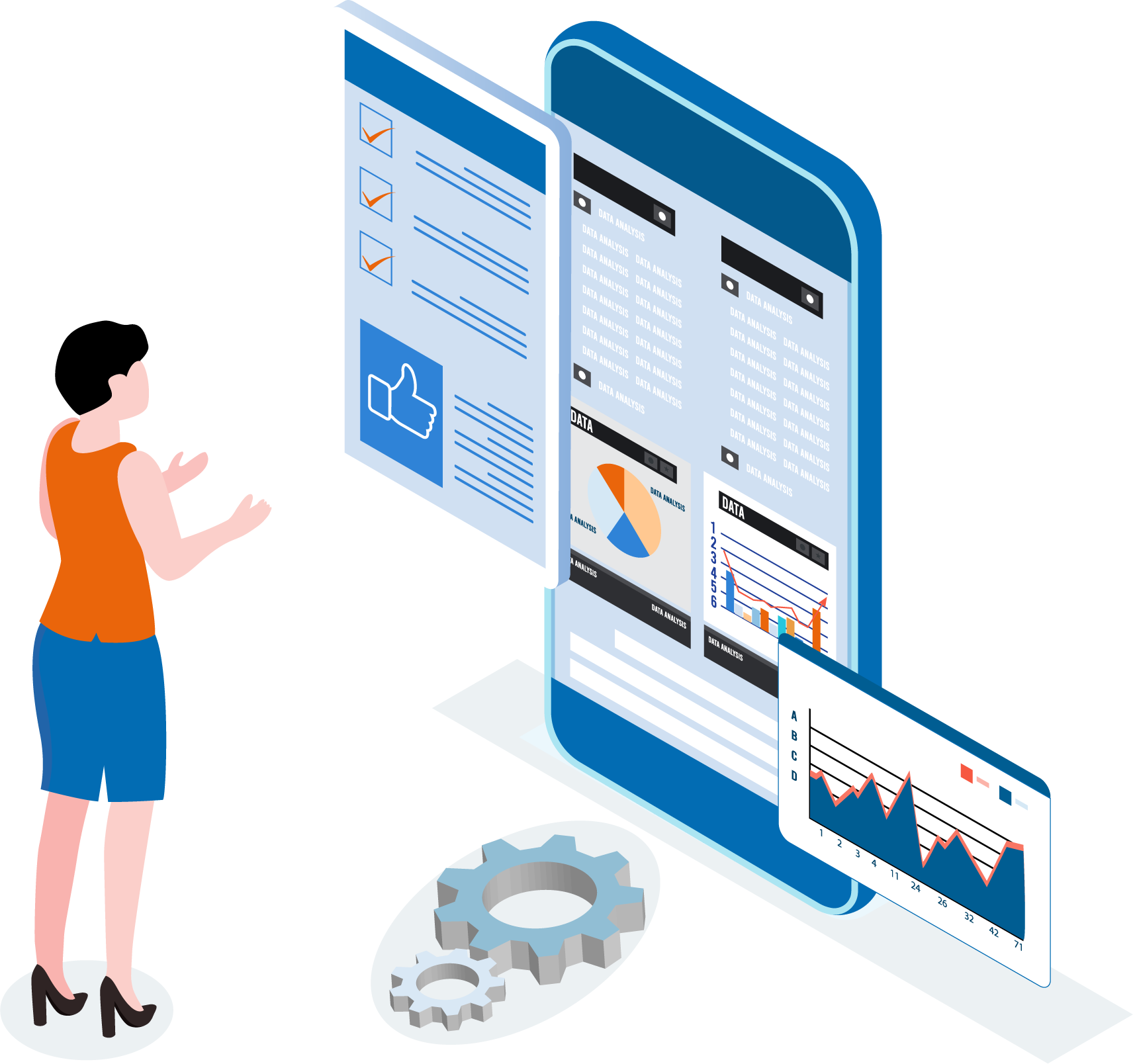 Uma jovem analisando estatísticas e conteúdos da Landing Page.