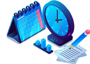 Calendário, papéis e um relógio.