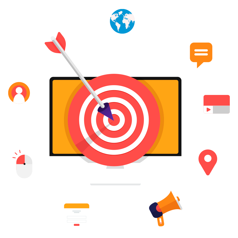 Tela de monitor com um alvo e flecha no centro e ícones de marketing ao redor
