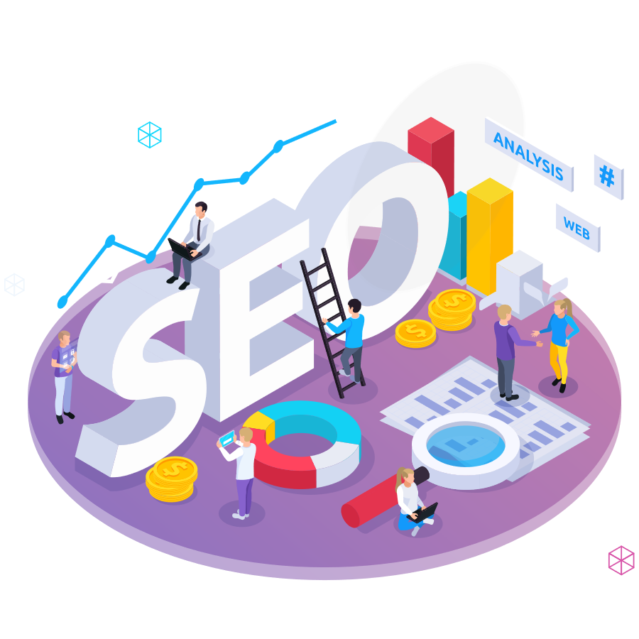 Vetor com pessoas organizando gráficos e ícones de SEO.