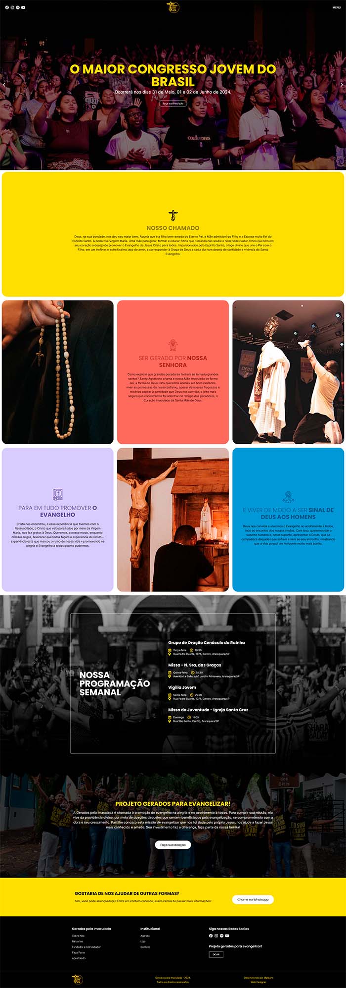 Print da home do site Gerados pela Imaculada.